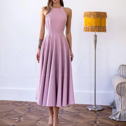 Elegant A-Line Square Halter Open Back Tie Lavender Midi Prom Dress For Women