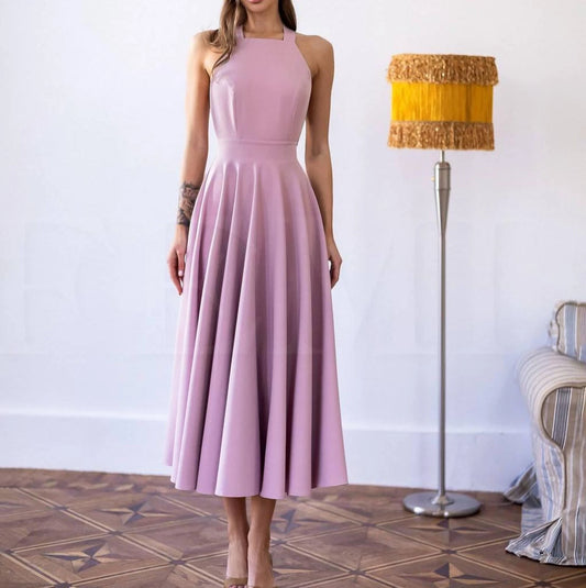 Elegant A-Line Square Halter Open Back Tie Lavender Midi Prom Dress For Women