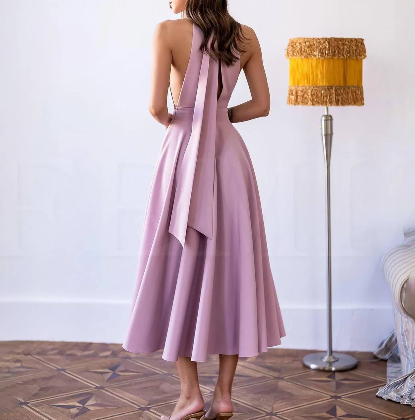 Elegant A-Line Square Halter Open Back Tie Lavender Midi Prom Dress For Women