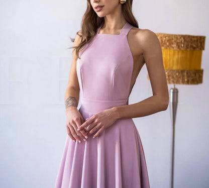 Elegant A-Line Square Halter Open Back Tie Lavender Midi Prom Dress For Women