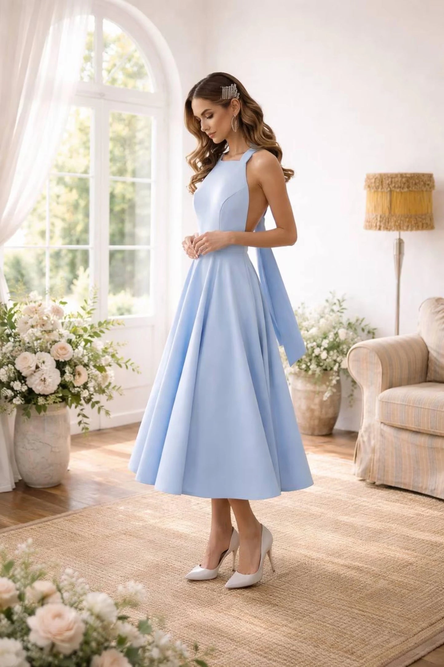 Elegant A-Line Square Halter Open Back Tie Lavender Midi Prom Dress For Women