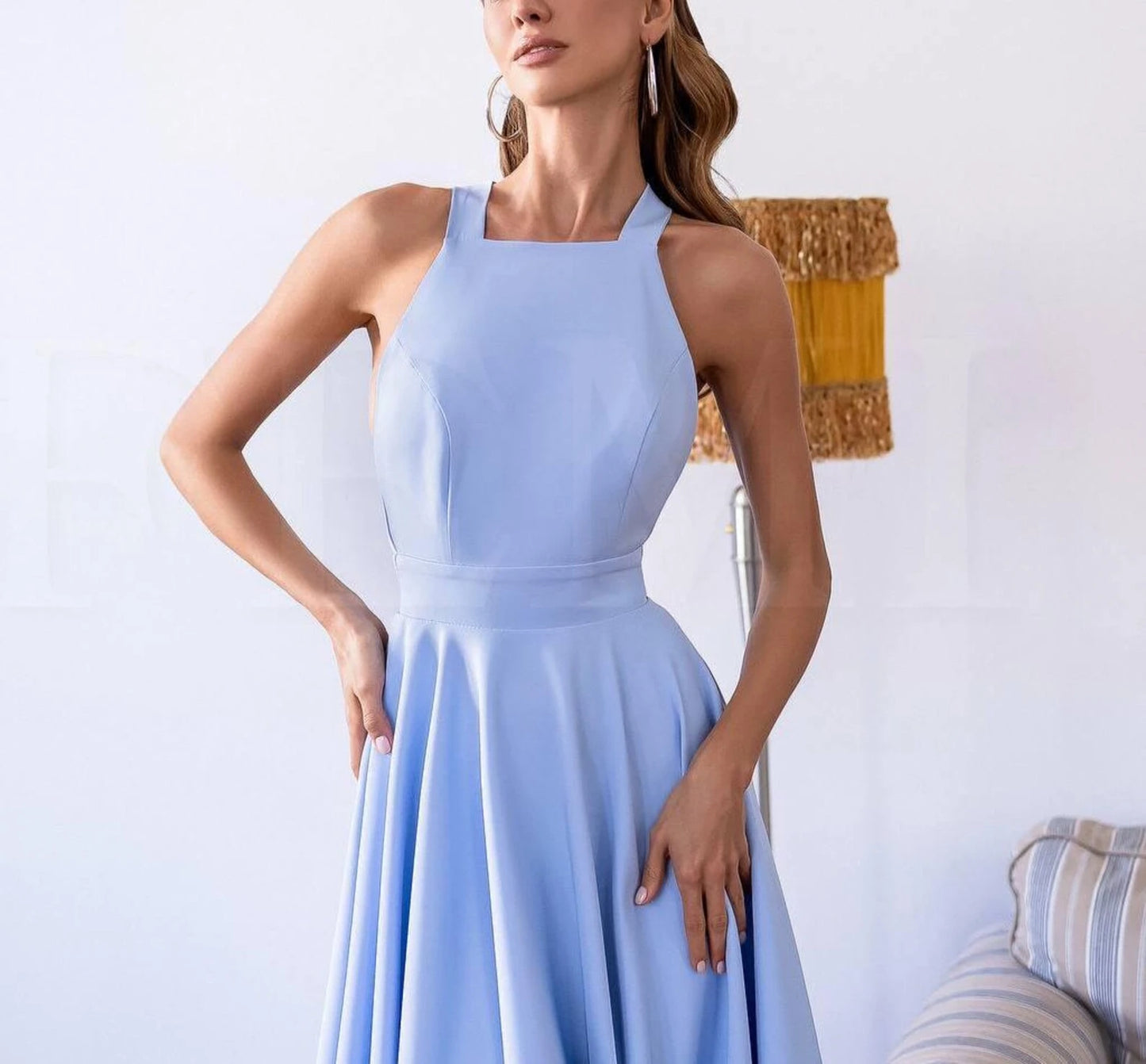 Elegant A-Line Square Halter Open Back Tie Lavender Midi Prom Dress For Women