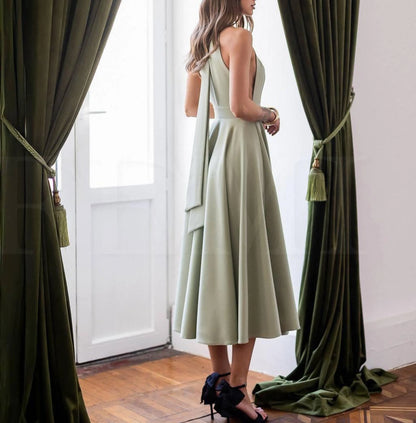 Elegant A-Line Square Halter Open Back Tie Lavender Midi Prom Dress For Women
