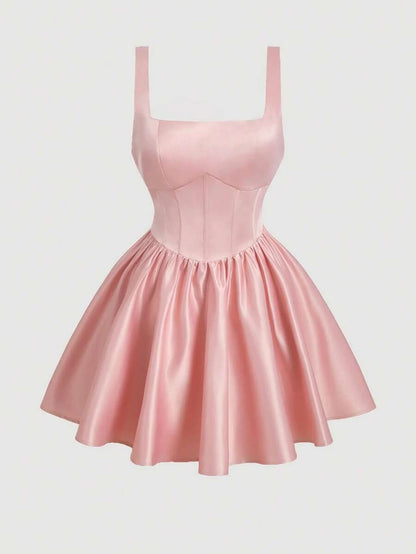 Elegant A-Line Square Neck Bow-Back Flared Pink Mini Homecoming Dress