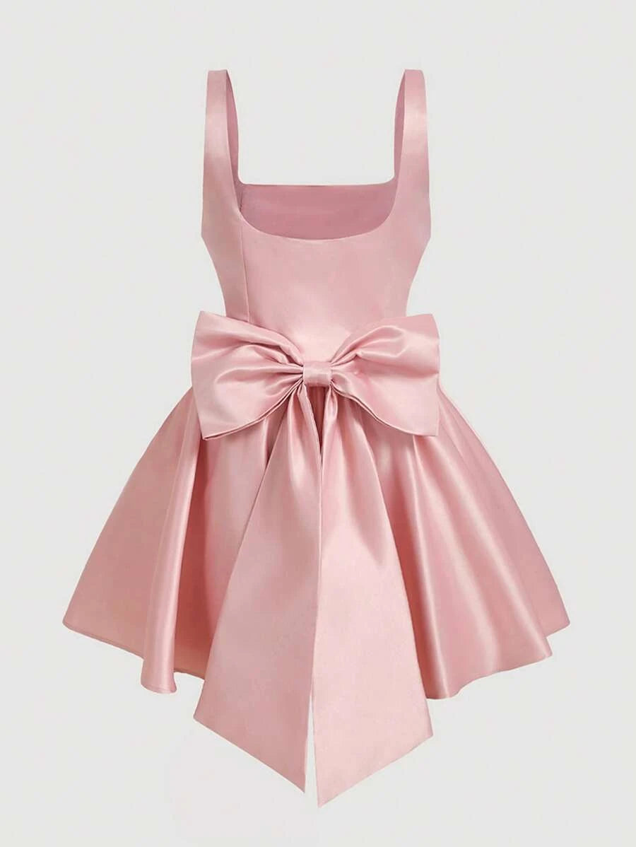 Elegant A-Line Square Neck Bow-Back Flared Pink Mini Homecoming Dress