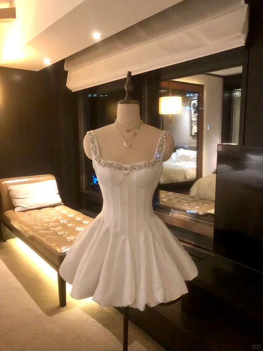 Elegant A-Line Square Neck Corset Beaded Satin White Mini Homecoming Dress