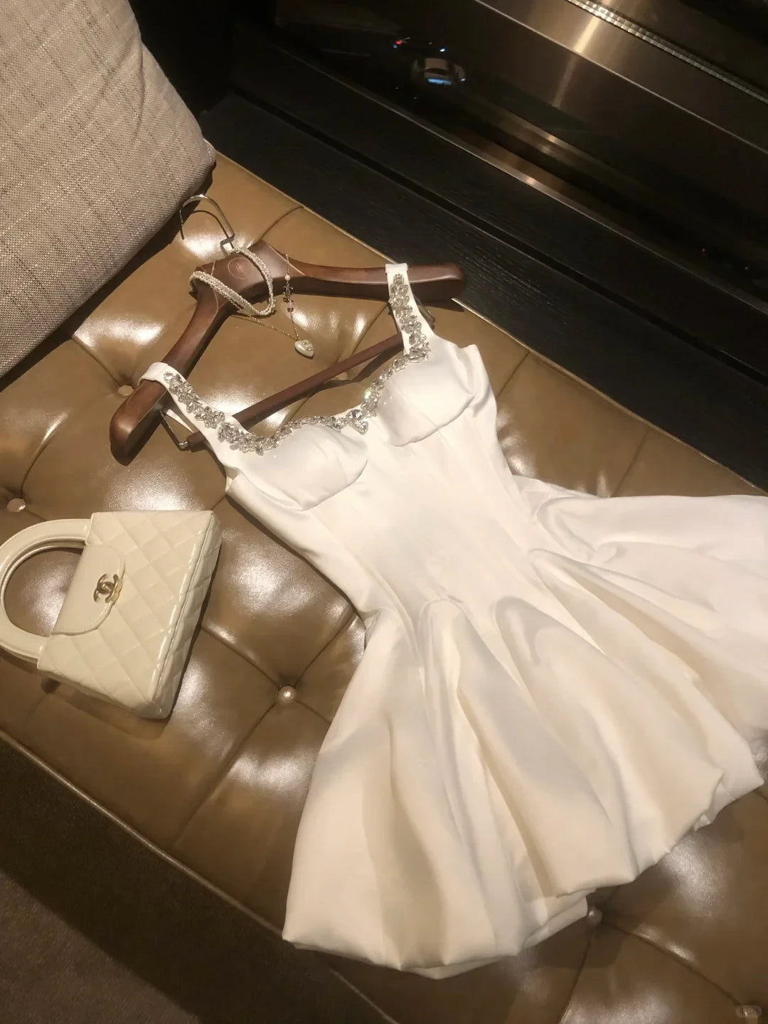 Elegant A-Line Square Neck Corset Beaded Satin White Mini Homecoming Dress