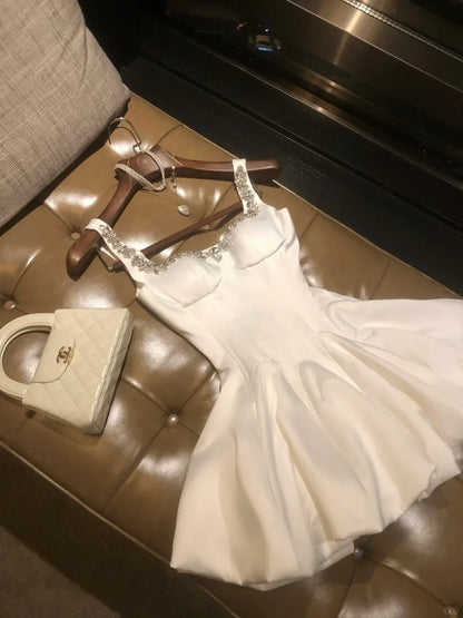 Elegant A-Line Square Neck Corset Beaded Satin White Mini Homecoming Dress