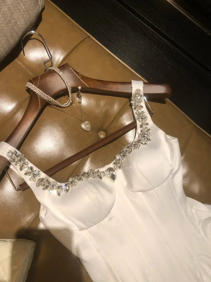 Elegant A-Line Square Neck Corset Beaded Satin White Mini Homecoming Dress