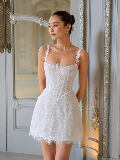 Elegant A-Line Square Neck Corset Lace White Mini Homecoming Dress For Women