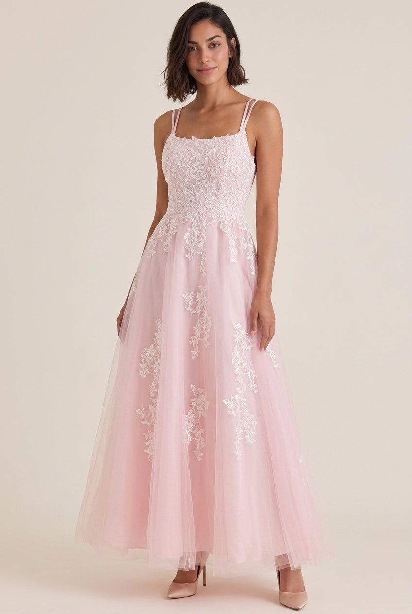 Elegant A-Line Square Neck Dual straps Lace Applique Tulle Blush Midi Prom Dress