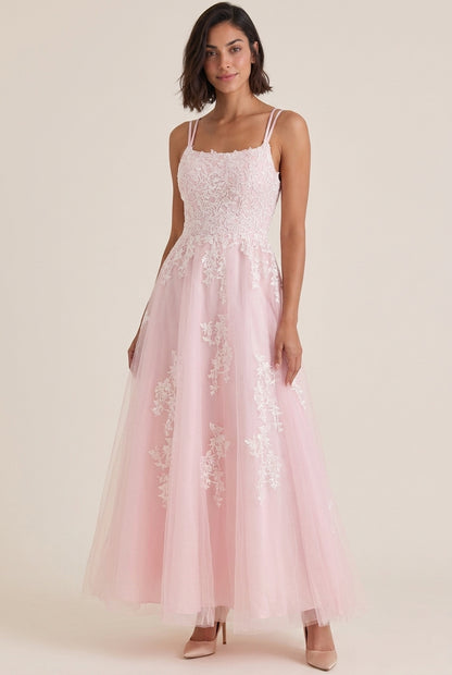 Elegant A-Line Square Neck Dual straps Lace Applique Tulle Blush Midi Prom Dress