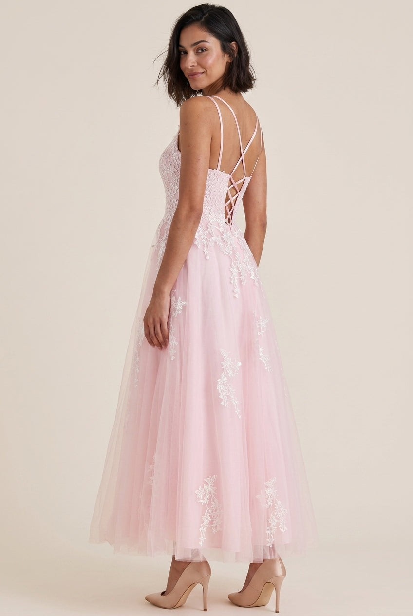 Elegant A-Line Square Neck Dual straps Lace Applique Tulle Blush Midi Prom Dress