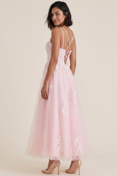 Elegant A-Line Square Neck Dual straps Lace Applique Tulle Blush Midi Prom Dress
