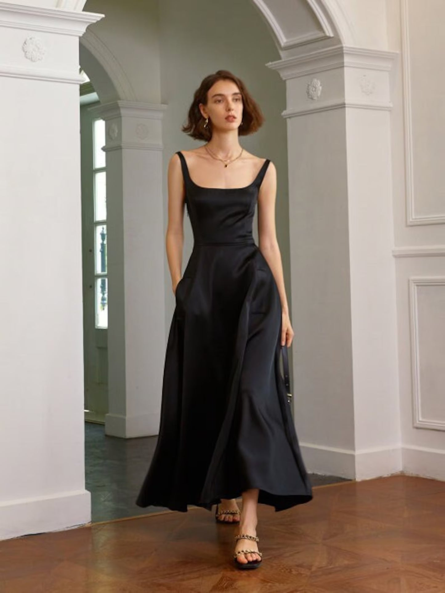 Elegant A-Line Square Neck High Waist Black Midi Prom Dresses With Pockets