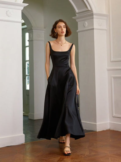 Elegant A-Line Square Neck High Waist Black Midi Prom Dresses With Pockets