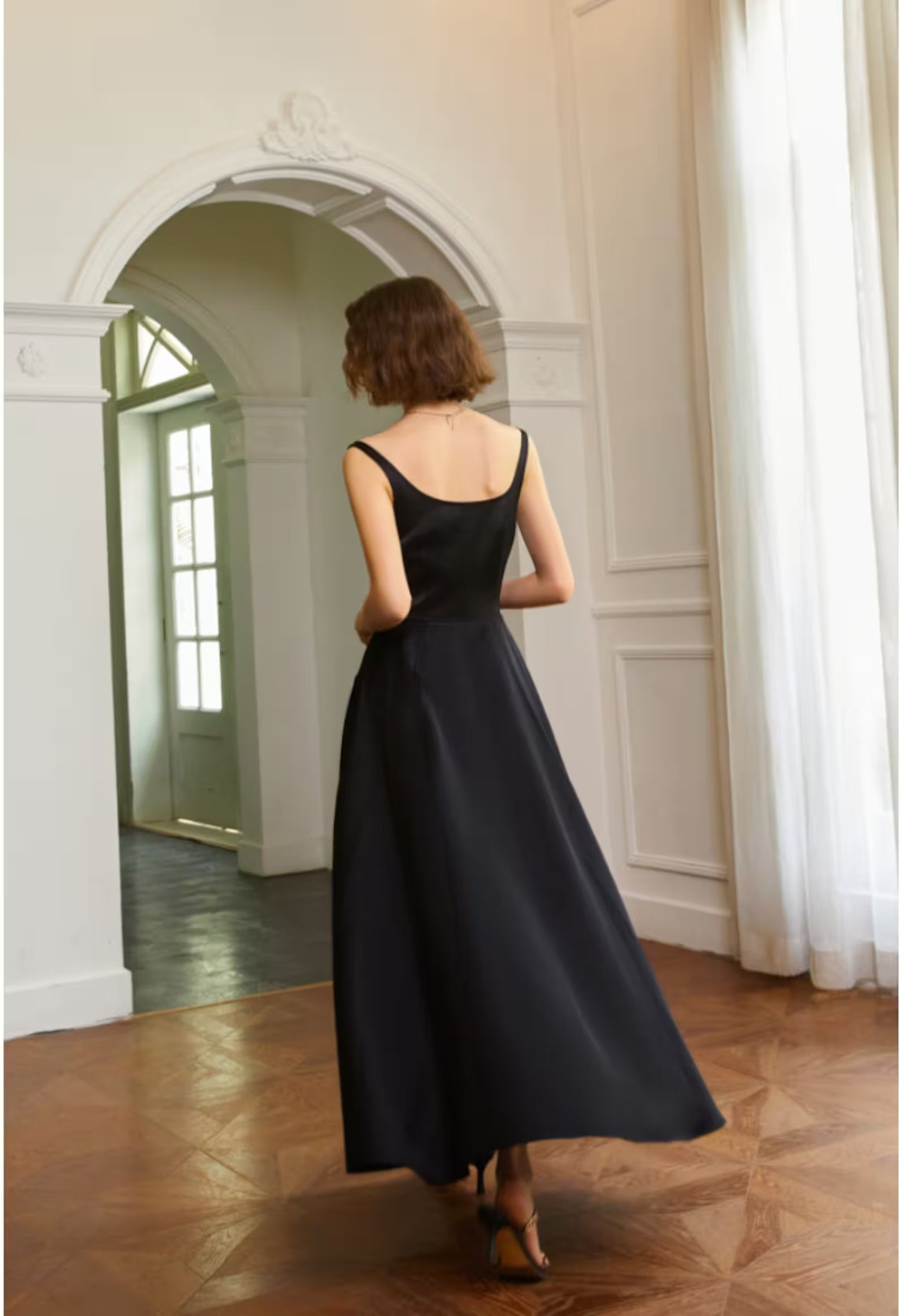 Elegant A-Line Square Neck High Waist Black Midi Prom Dresses With Pockets