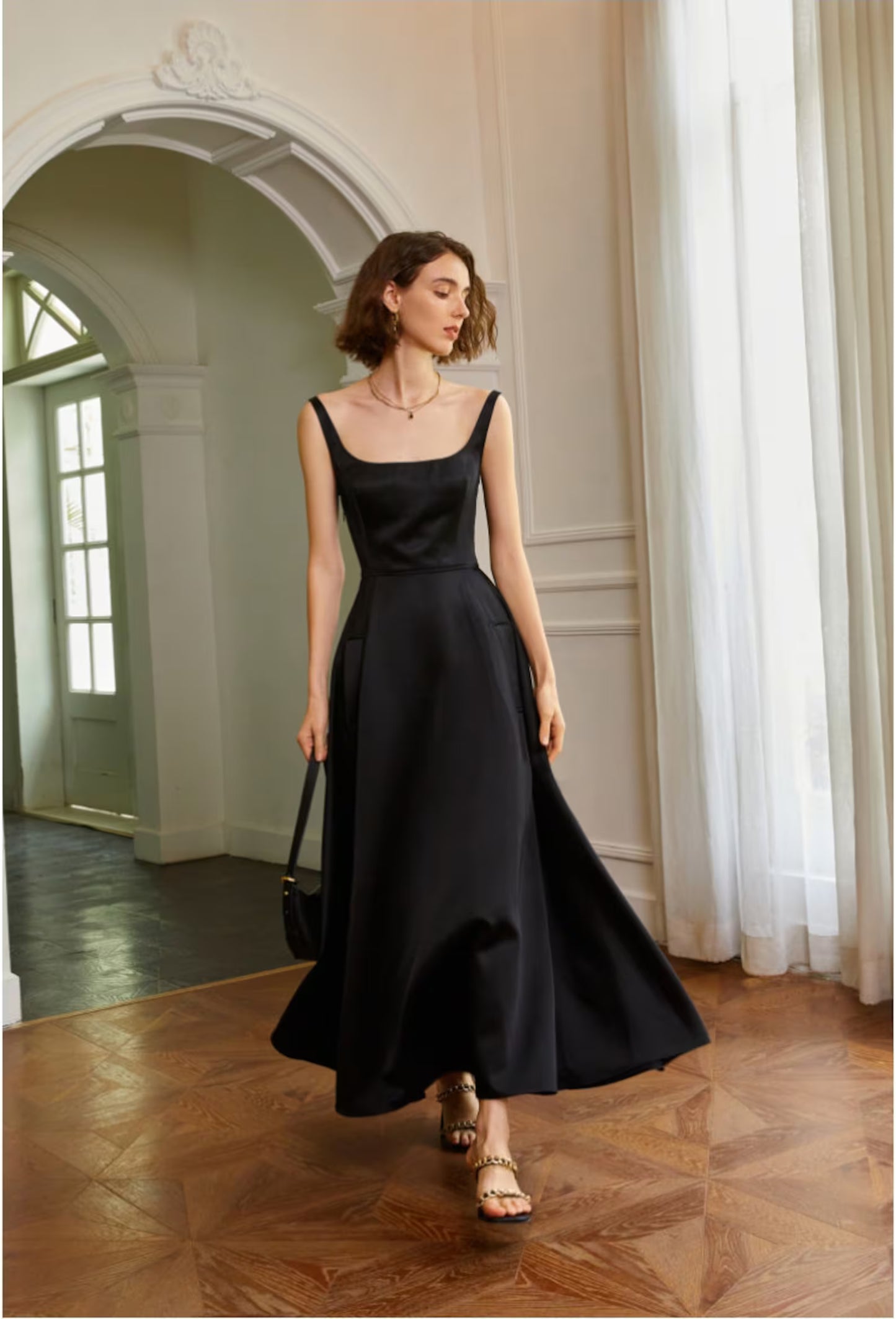 Elegant A-Line Square Neck High Waist Black Midi Prom Dresses With Pockets