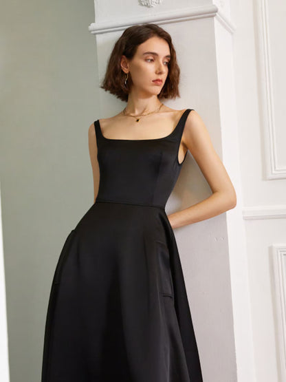 Elegant A-Line Square Neck High Waist Black Midi Prom Dresses With Pockets