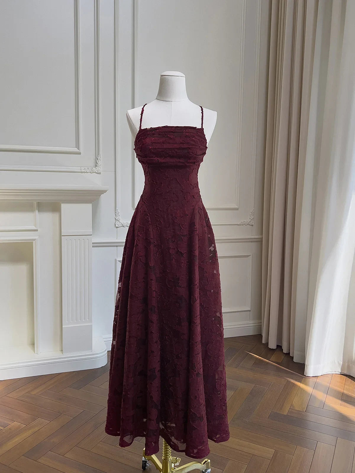 Elegant A-Line Square Neck Sleeveless Crisscross Back Burgundy Floor-Length Evening Gown
