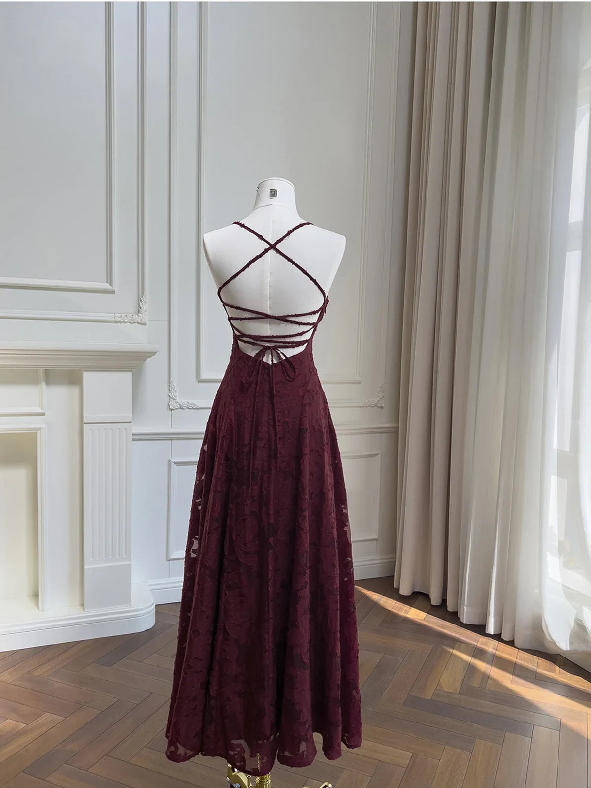 Elegant A-Line Square Neck Sleeveless Crisscross Back Burgundy Floor-Length Evening Gown