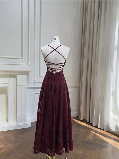 Elegant A-Line Square Neck Sleeveless Crisscross Back Burgundy Floor-Length Evening Gown