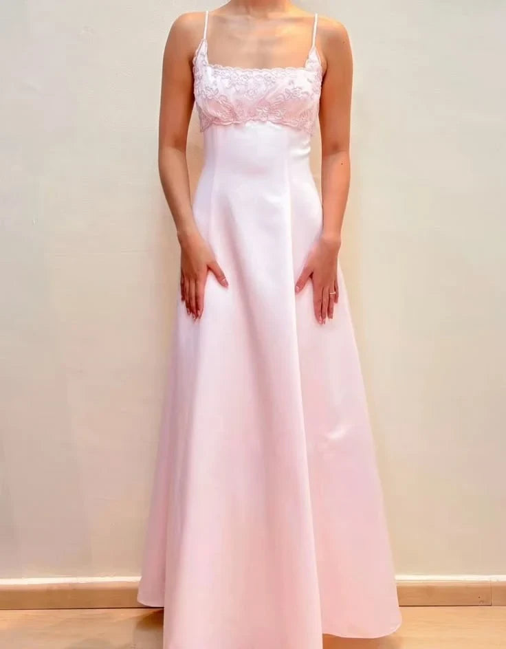 Elegant A-Line Square Neck Sleeveless Embroidered Graceful Pink Floor-Length Evening Gown