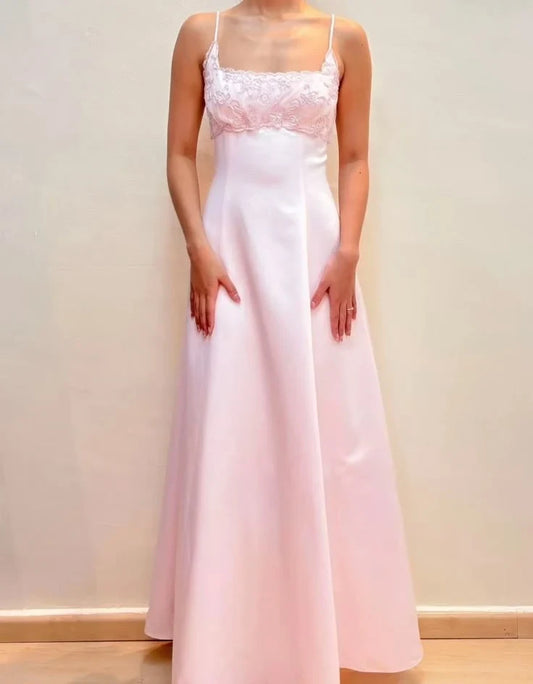 Elegant A-Line Square Neck Sleeveless Embroidered Graceful Pink Floor-Length Evening Gown