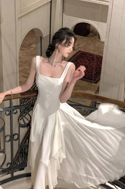 Elegant A-Line Square Neck Sleeveless Layered Ruffle Flowing Ivory Floor-Length Women's Gown