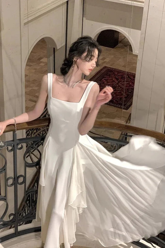 Elegant A-Line Square Neck Sleeveless Layered Ruffle Flowing Ivory Floor-Length Women's Gown