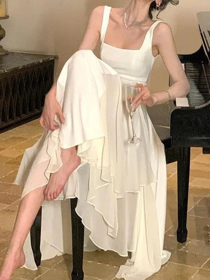 Elegant A-Line Square Neck Sleeveless Layered Ruffle Flowing Ivory Floor-Length Women's Gown