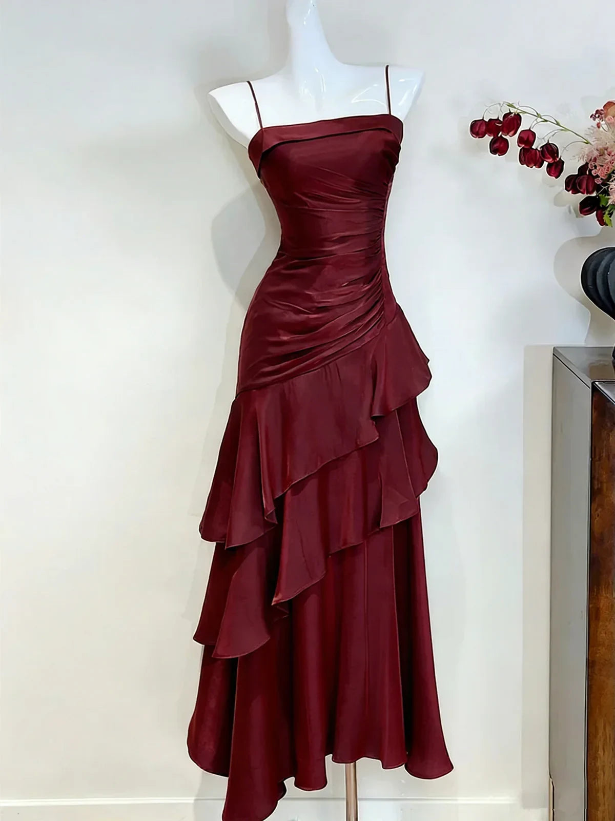 Elegant A-Line Square Neck Sleeveless Ruffled Draped Burgundy Floor-Length Evening Dresses