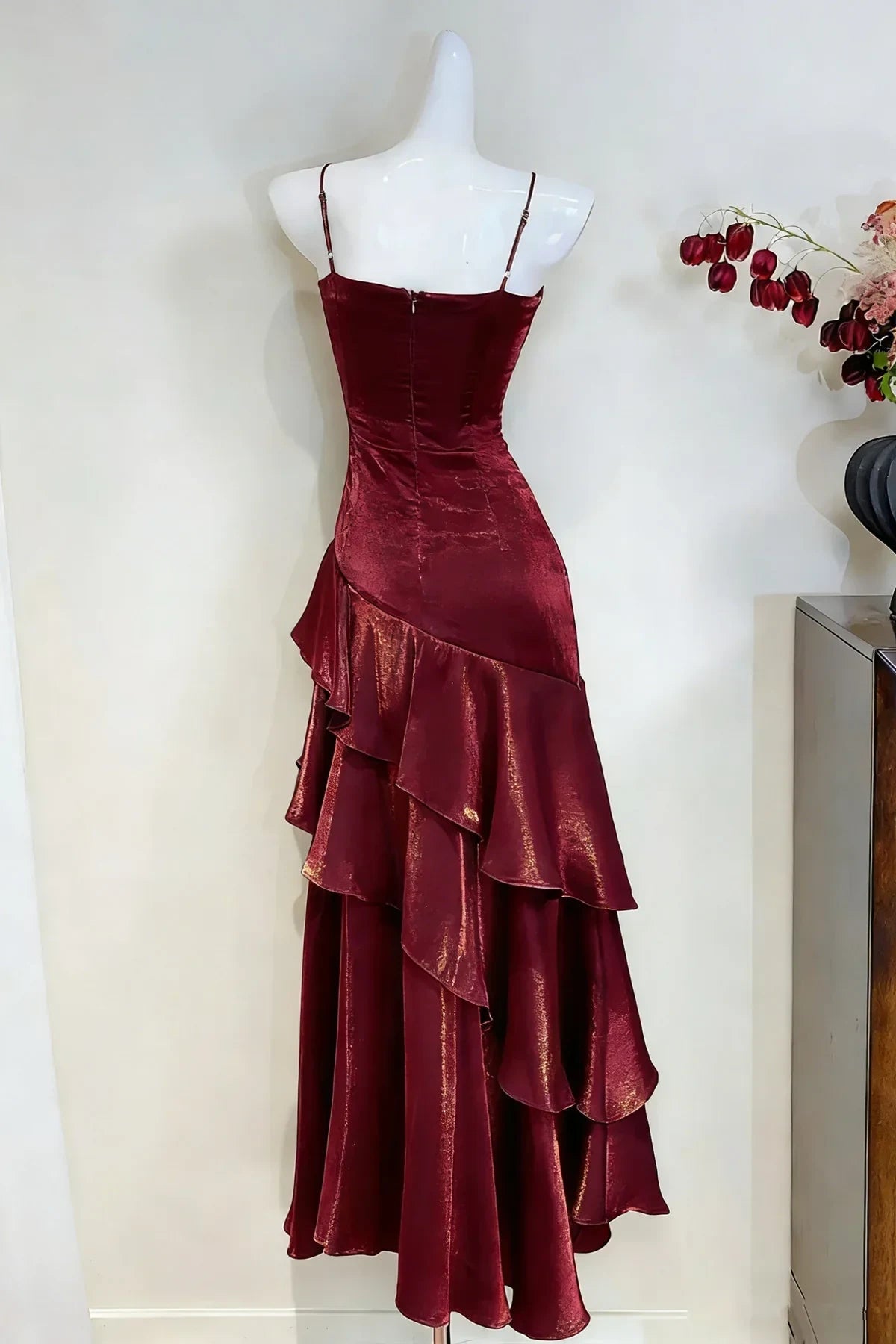 Elegant A-Line Square Neck Sleeveless Ruffled Draped Burgundy Floor-Length Evening Dresses