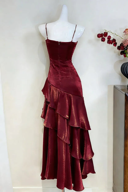 Elegant A-Line Square Neck Sleeveless Ruffled Draped Burgundy Floor-Length Evening Dresses