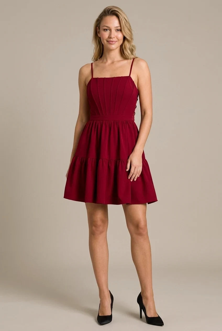 Elegant A-Line Square Neck Spaghetti Straps Tiered Ruffle Burgundy Mini Homecoming Dress