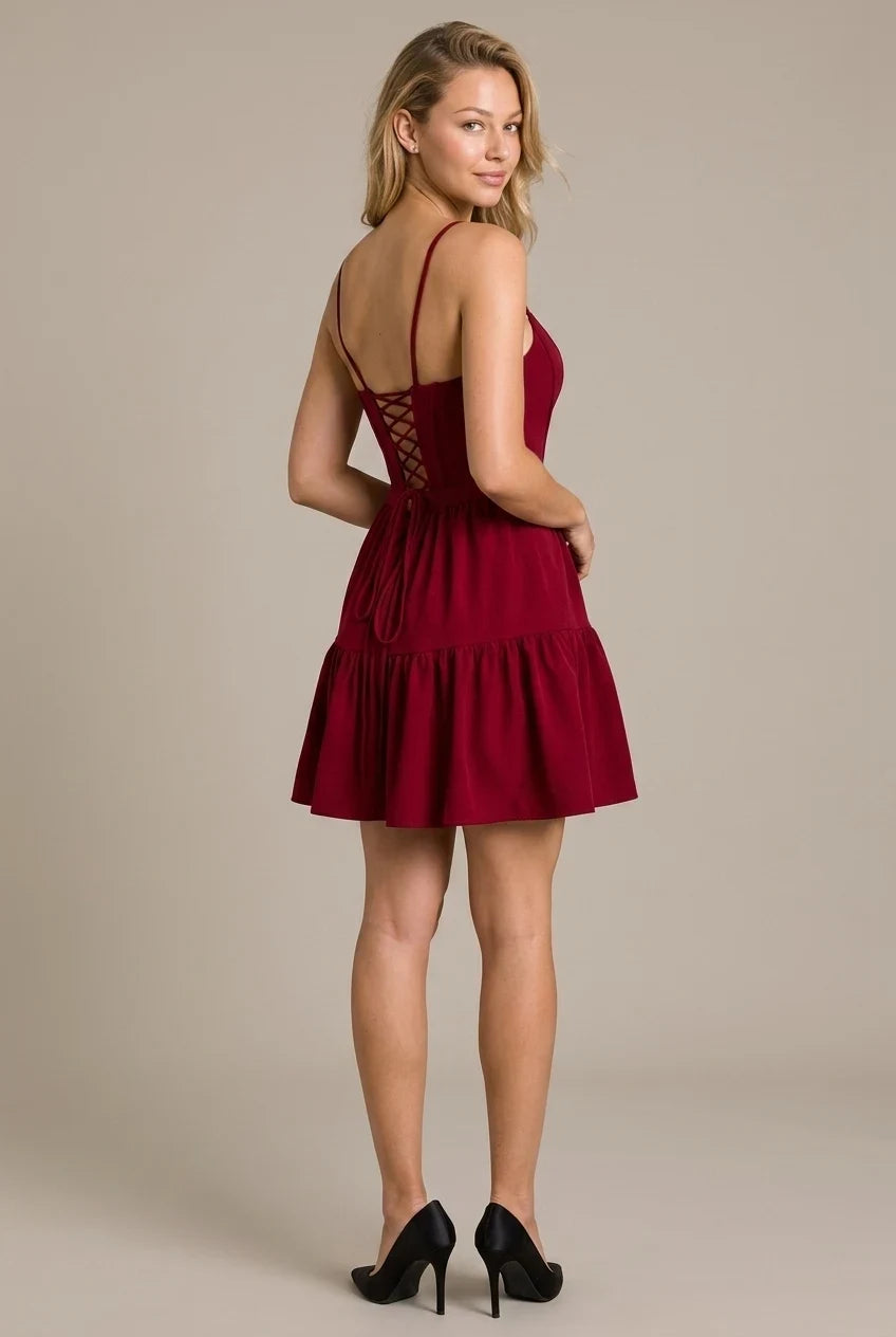 Elegant A-Line Square Neck Spaghetti Straps Tiered Ruffle Burgundy Mini Homecoming Dress