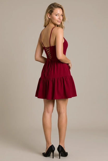 Elegant A-Line Square Neck Spaghetti Straps Tiered Ruffle Burgundy Mini Homecoming Dress