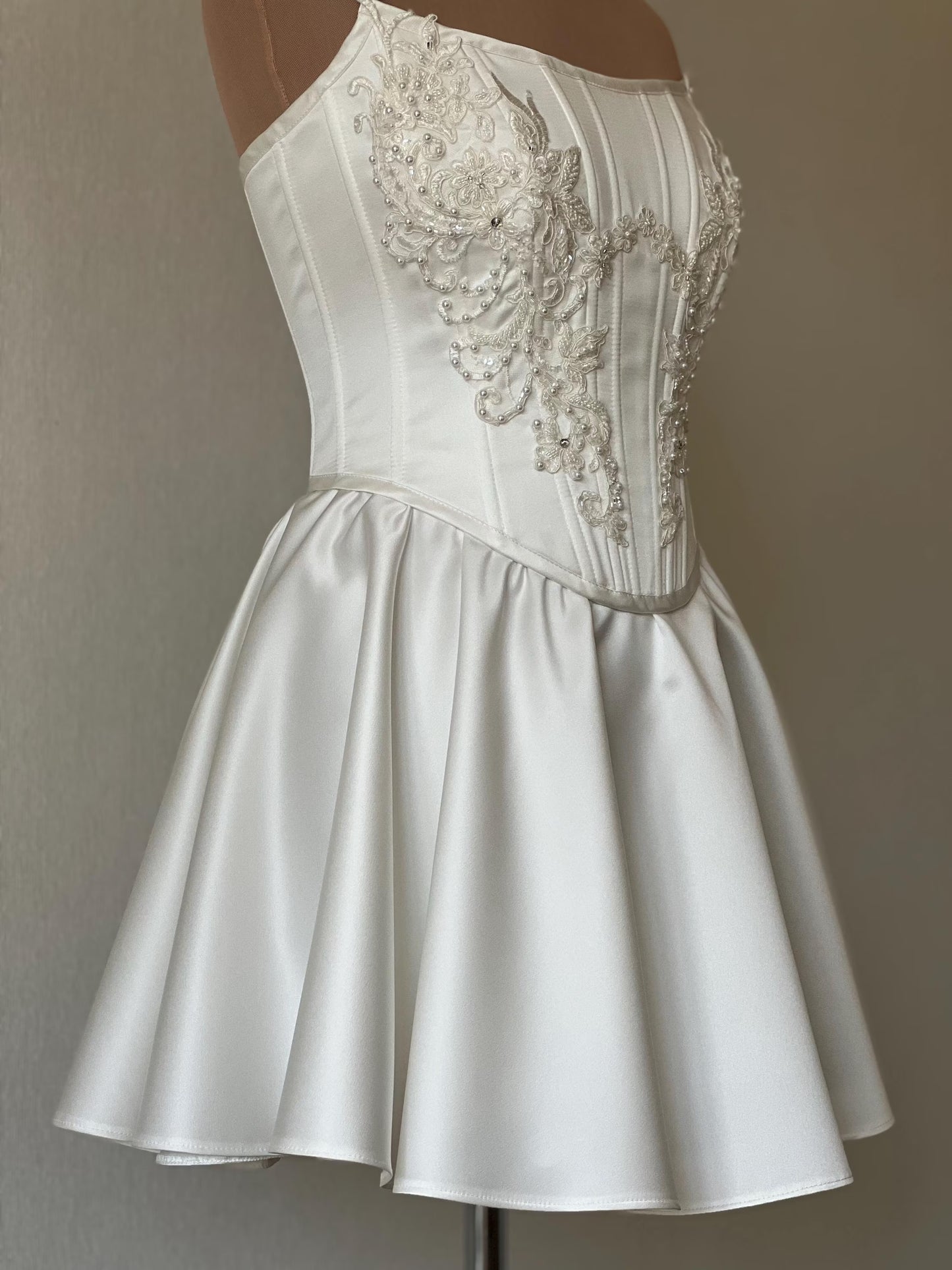 Elegant A-Line Strapless Beaded Satin Ivory Short Homecoming Dress With Applique