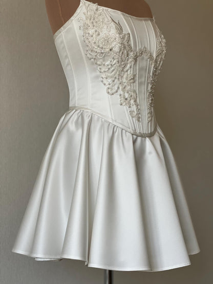 Elegant A-Line Strapless Beaded Satin Ivory Short Homecoming Dress With Applique