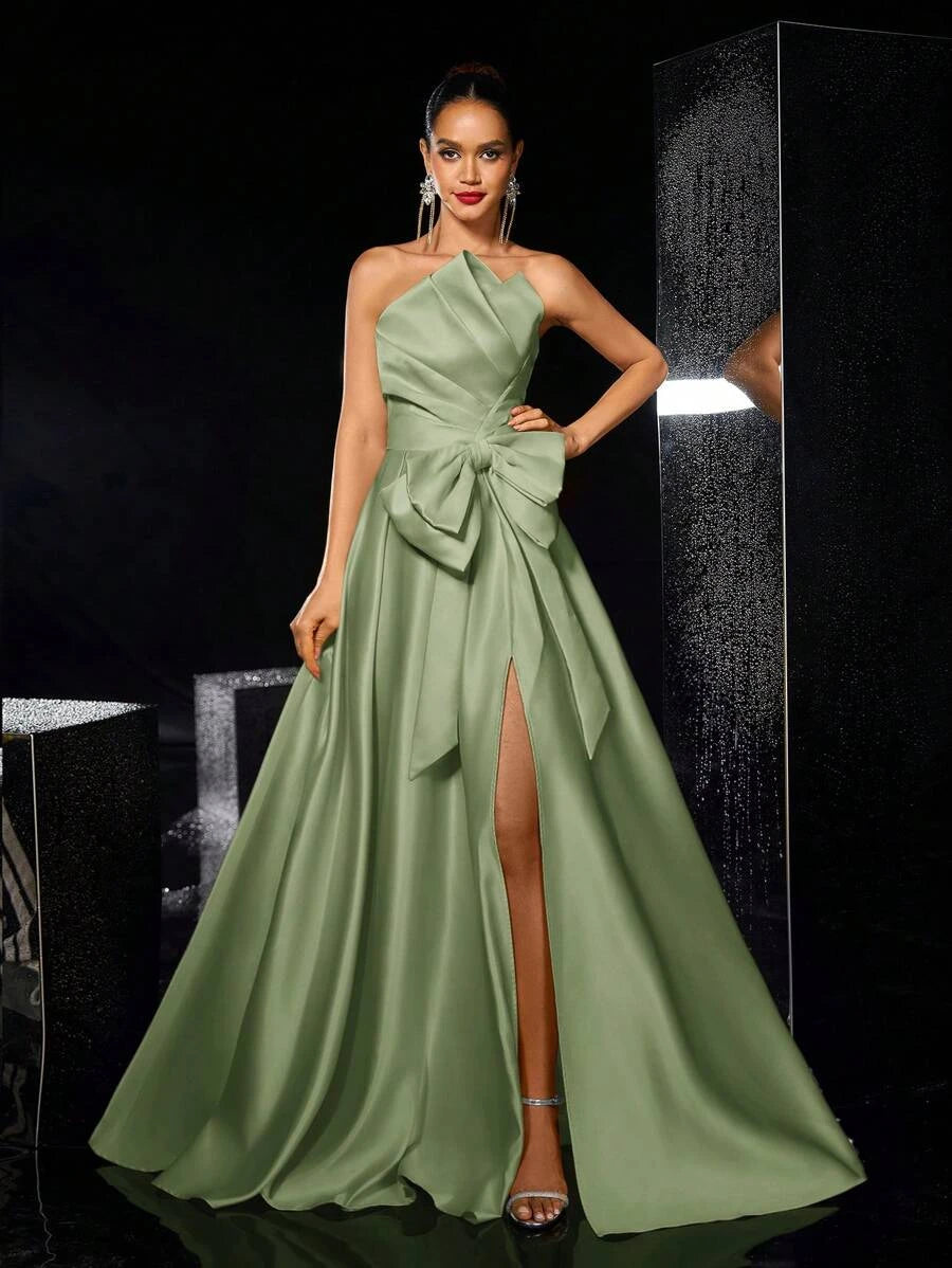 Elegant A-Line Strapless Bow-Accent High-Slit Satin Sage Green Floor-Length Prom Dress