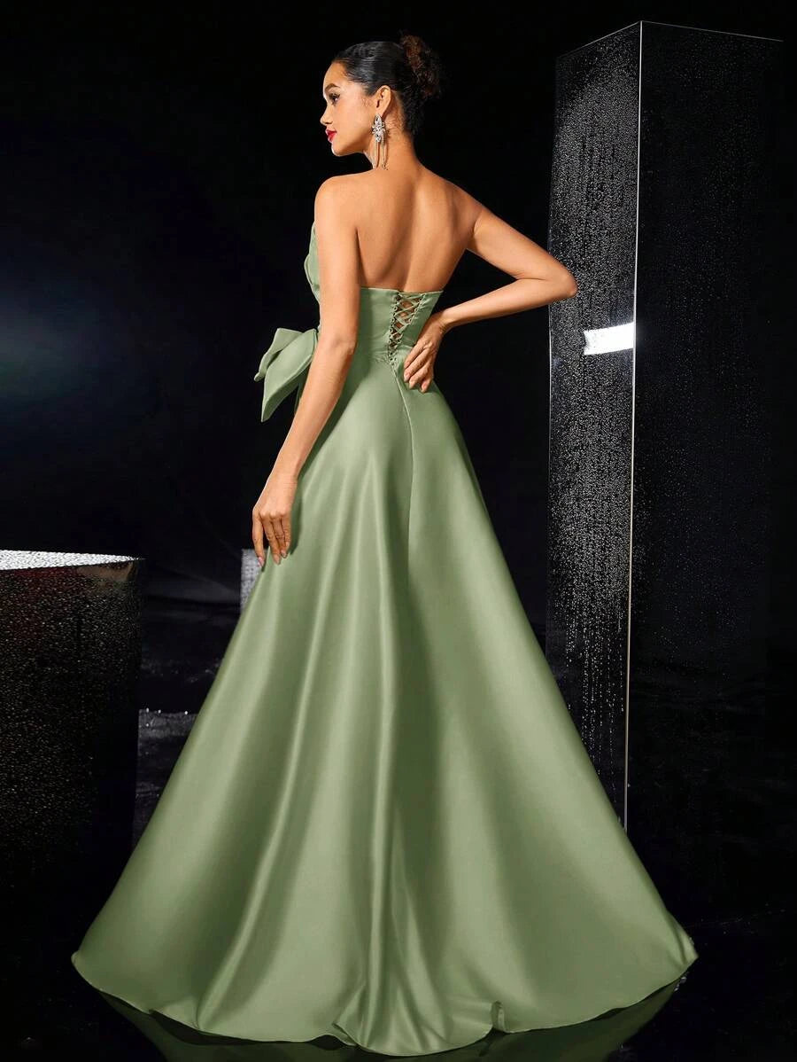 Elegant A-Line Strapless Bow-Accent High-Slit Satin Sage Green Floor-Length Prom Dress