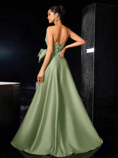 Elegant A-Line Strapless Bow-Accent High-Slit Satin Sage Green Floor-Length Prom Dress