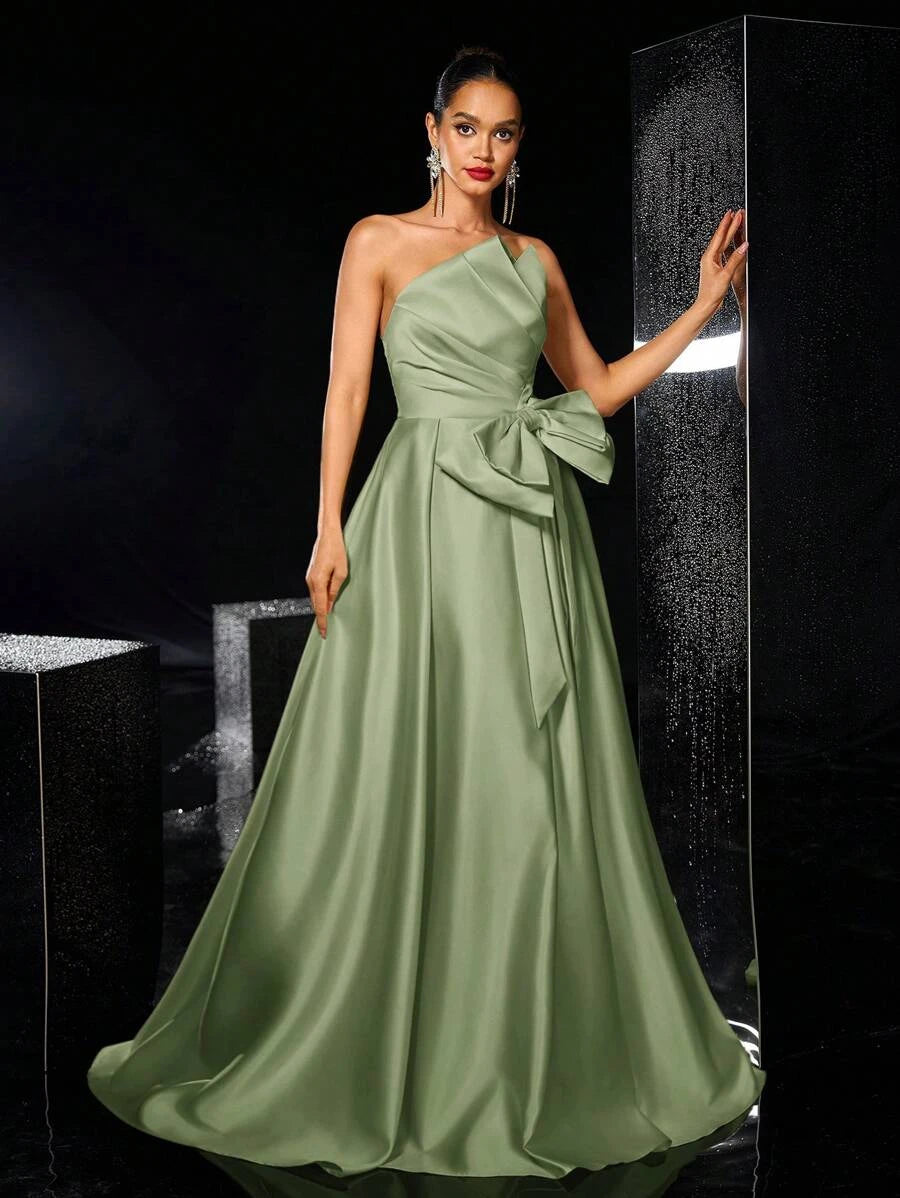 Elegant A-Line Strapless Bow-Accent High-Slit Satin Sage Green Floor-Length Prom Dress