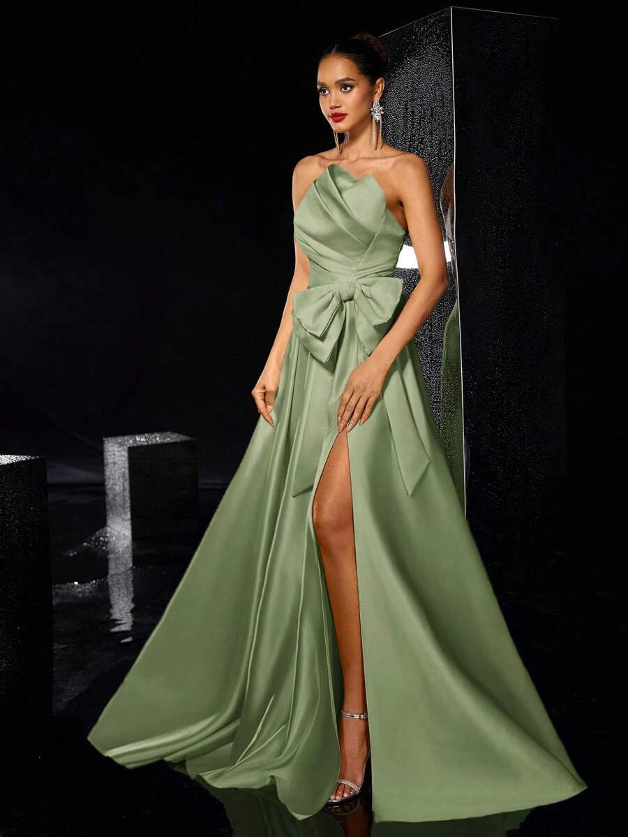 Elegant A-Line Strapless Bow-Accent High-Slit Satin Sage Green Floor-Length Prom Dress