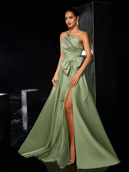 Elegant A-Line Strapless Bow-Accent High-Slit Satin Sage Green Floor-Length Prom Dress