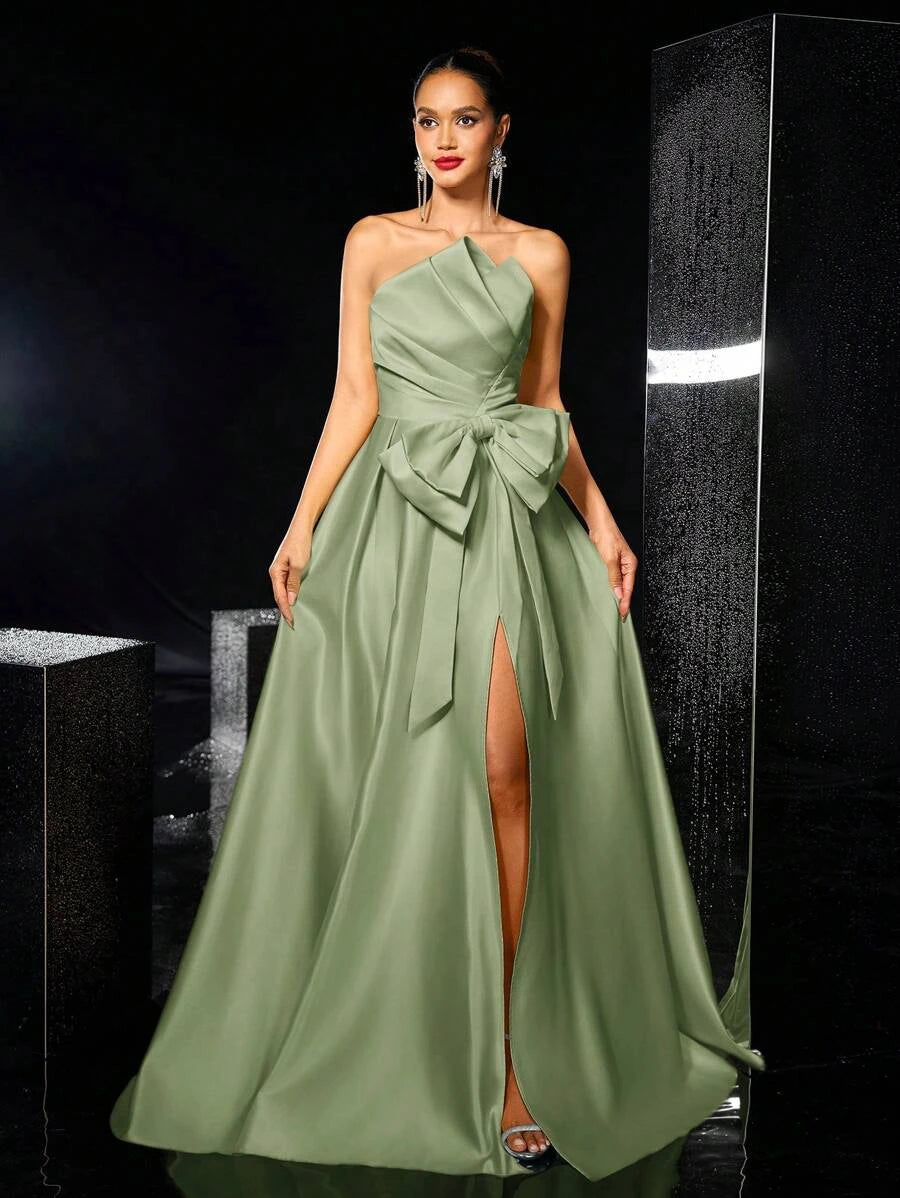 Elegant A-Line Strapless Bow-Accent High-Slit Satin Sage Green Floor-Length Prom Dress