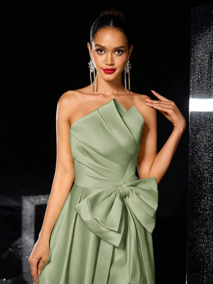 Elegant A-Line Strapless Bow-Accent High-Slit Satin Sage Green Floor-Length Prom Dress