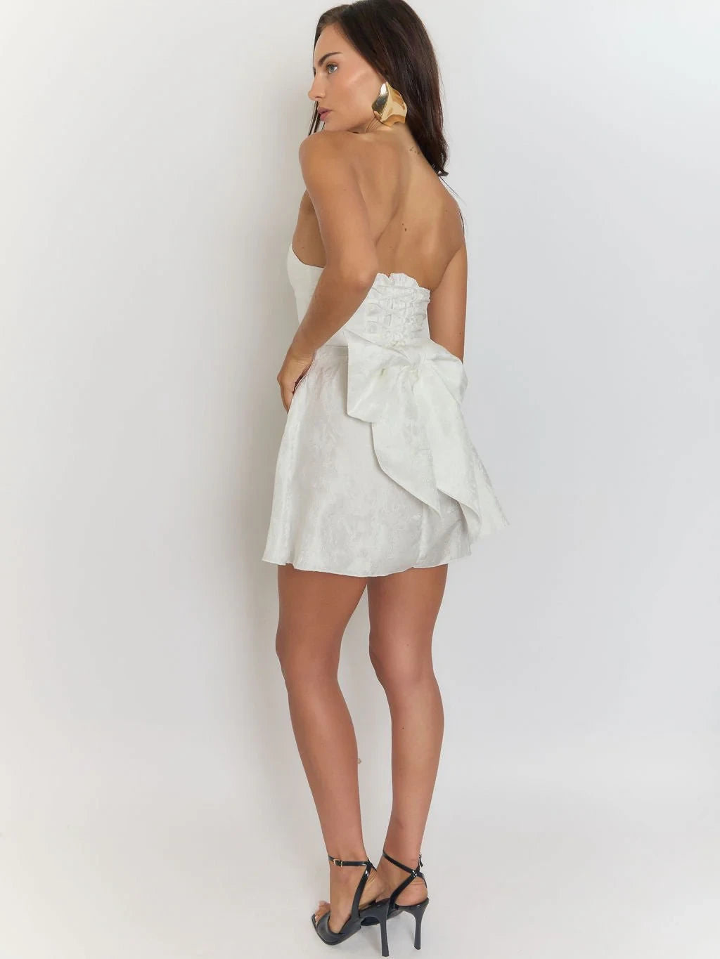 Elegant A-Line Strapless Bow-Back Jacquard White Mini Homecoming Dress