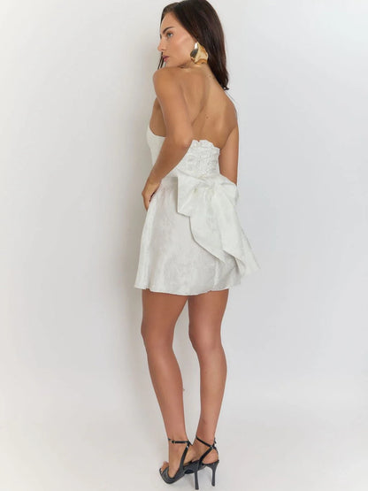Elegant A-Line Strapless Bow-Back Jacquard White Mini Homecoming Dress
