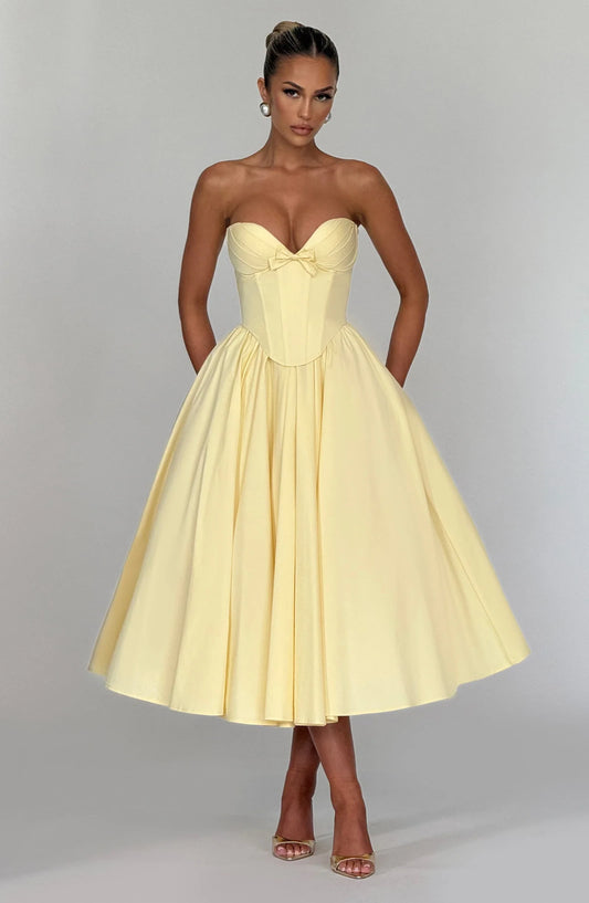 Elegant A-Line Strapless Corset Bow Layers Lemon Yellow Midi Prom Dress